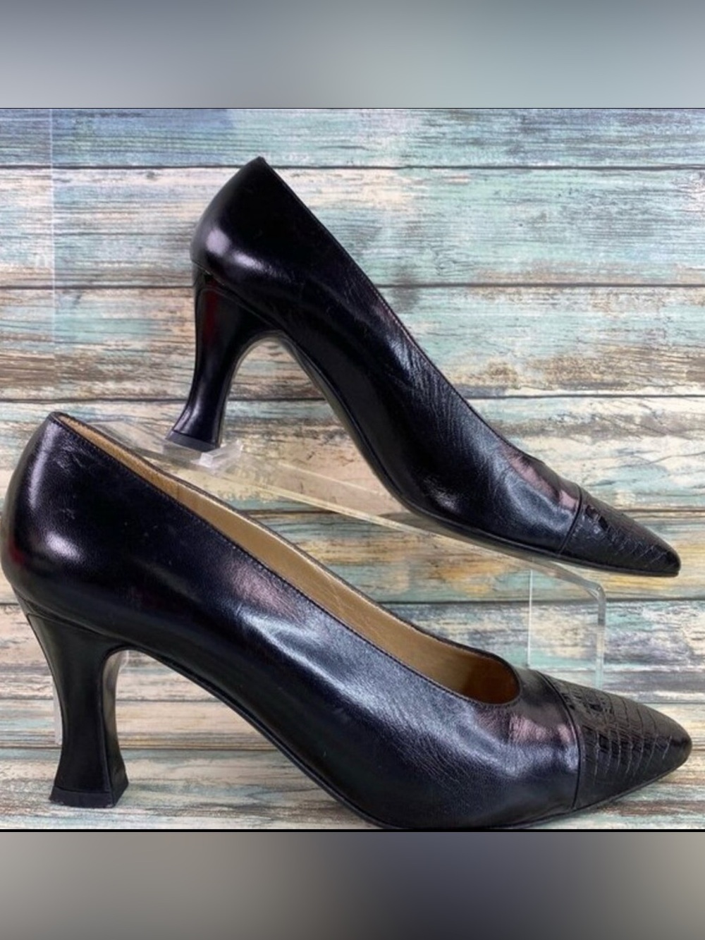 St John Pumps Womens 8.5N Black Leather Handmade Italy Cap Almond Toe Dress Shoe